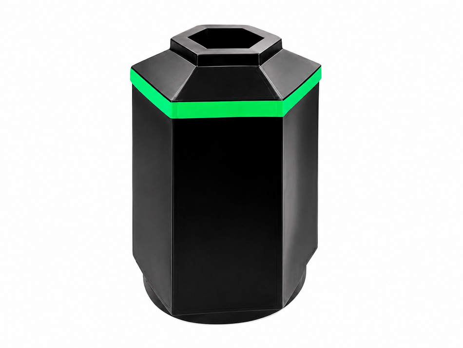 Bote de Basura Hexagonal de Polietileno Negro con Franja Verde – 100 L